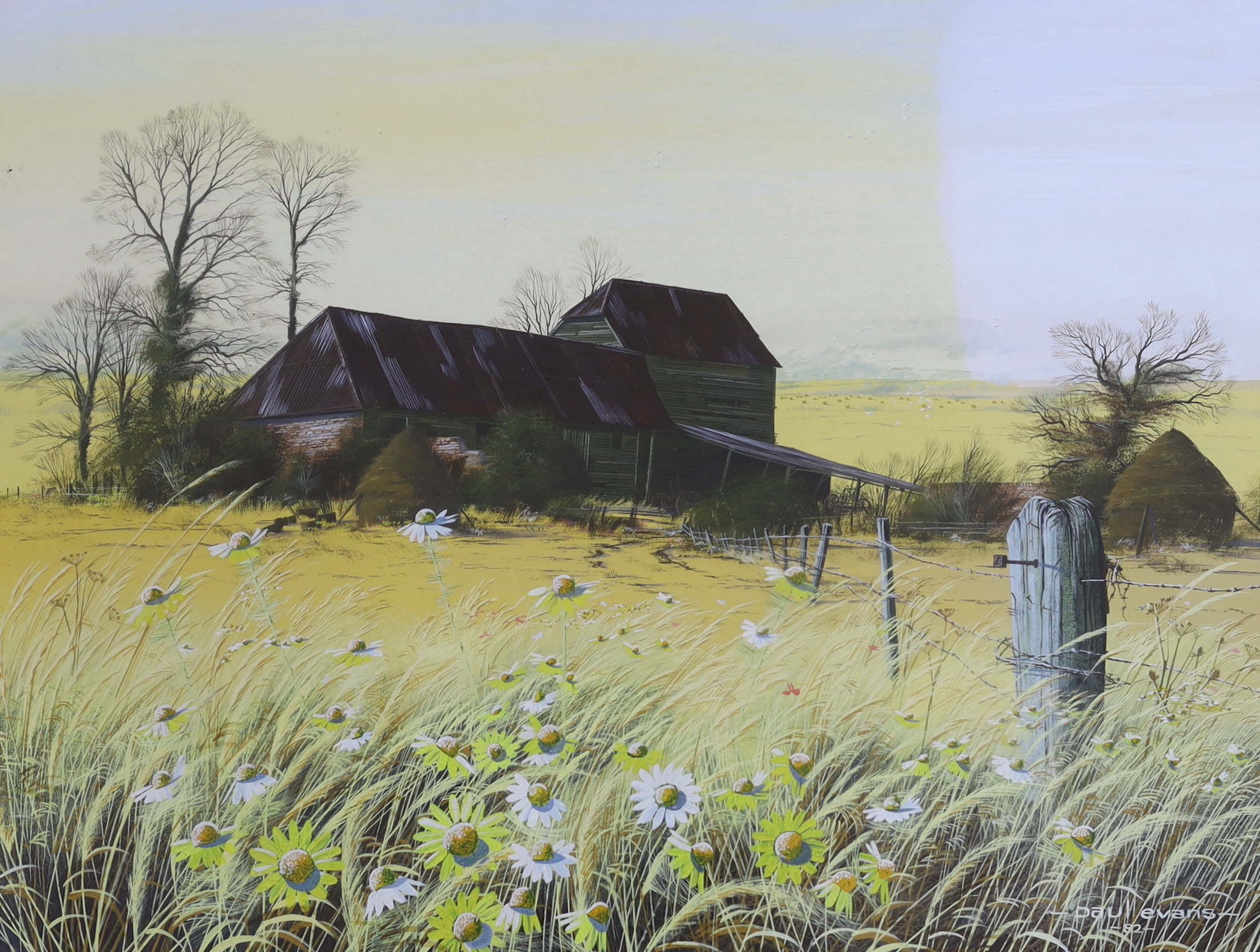 Paul Evans (b.1950) gouache, Hay barn and meadow in autumn landscape, signed and dated 1982, 58cm x 43cm